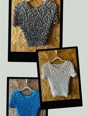 3 Vintage Bubbly Textured Popcorn Tops - Black/White, White and Bright Blue
